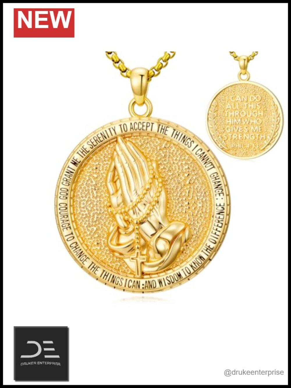 14K Gold Plated Praying Hands Serenity Prayer Pendant Necklace Catholic